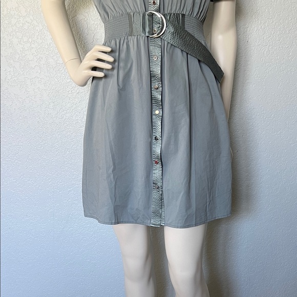 Belted Shirt Dress Snap Front Pockets Green Medium Vertigo Paris - Picture 4 of 6